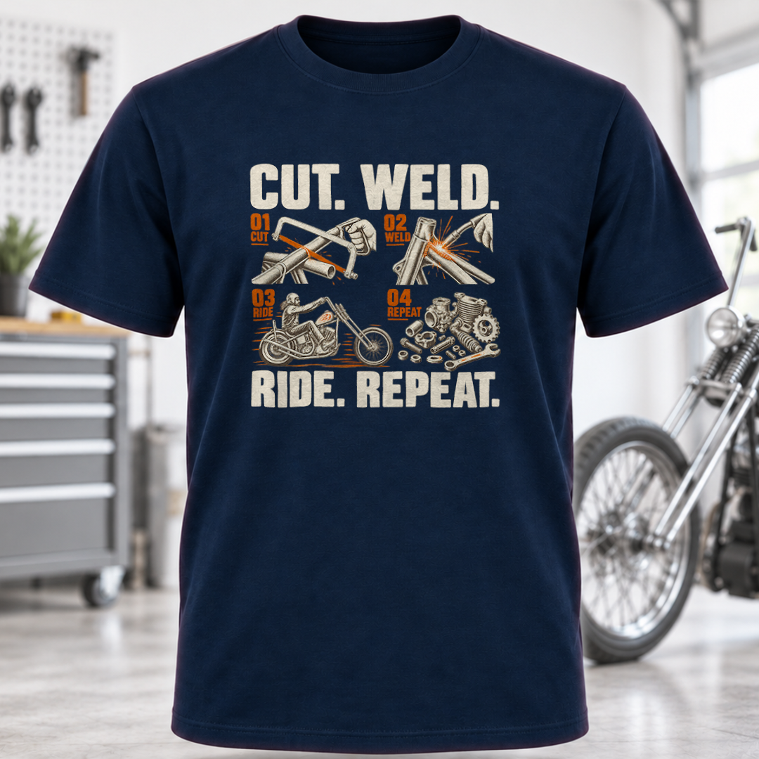 Cut. Weld. Ride. Repeat. Motorcycle Builder T-Shirt