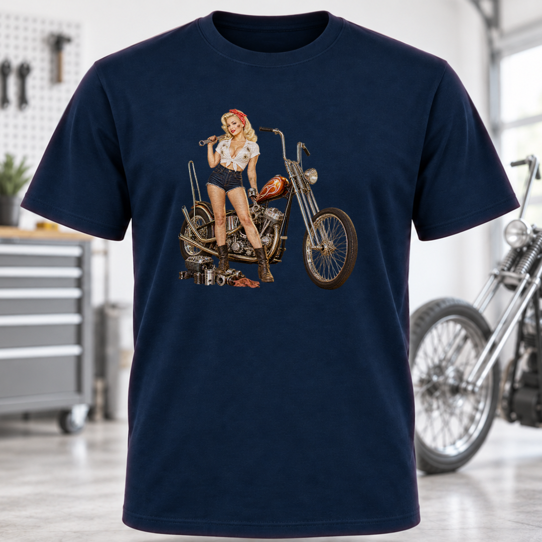Vintage Pin-Up Biker Motorcycle T-Shirt