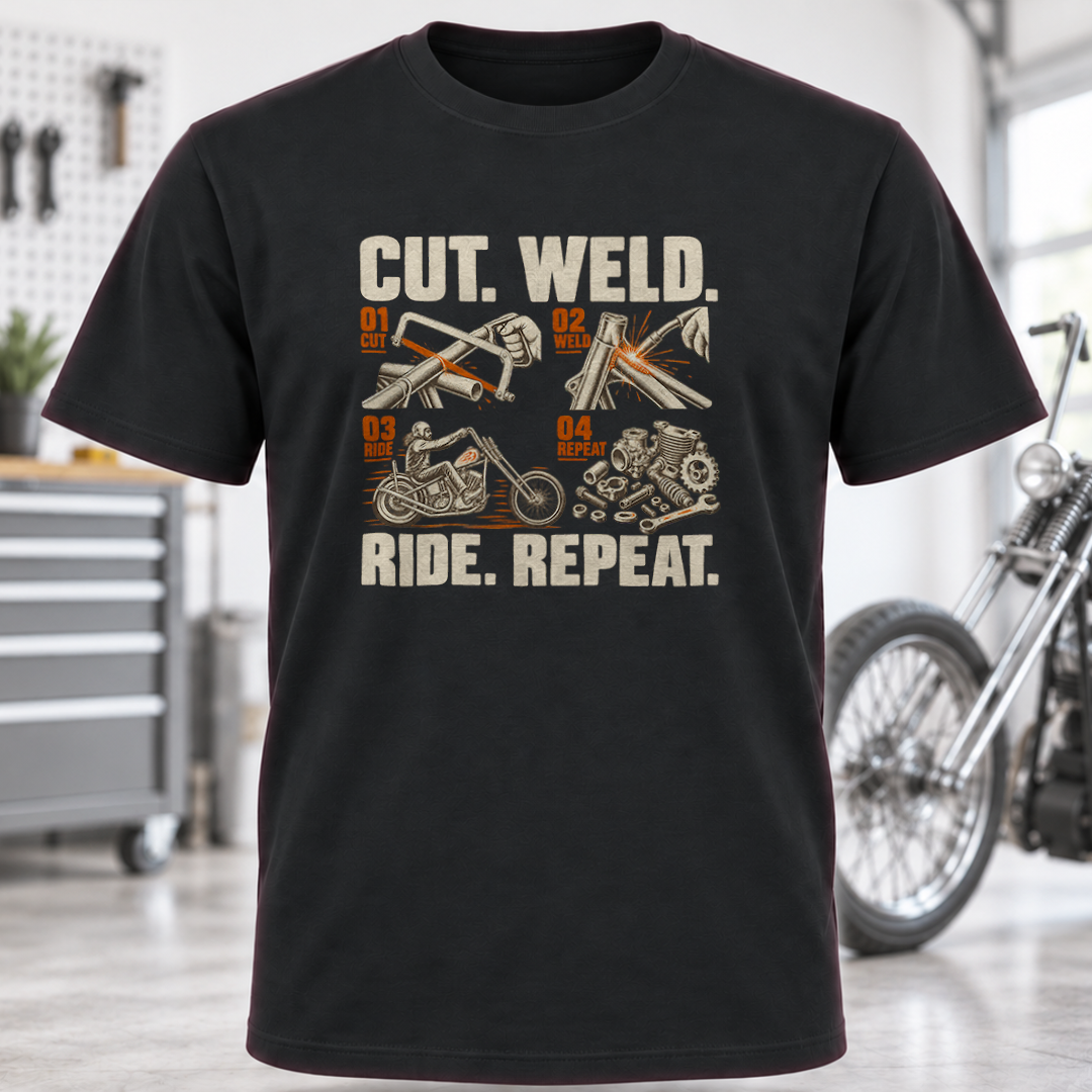 Cut. Weld. Ride. Repeat. Motorcycle Builder T-Shirt