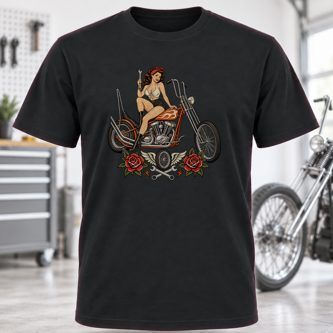 Vintage Pin-Up Biker T-Shirt - Chopper and Roses