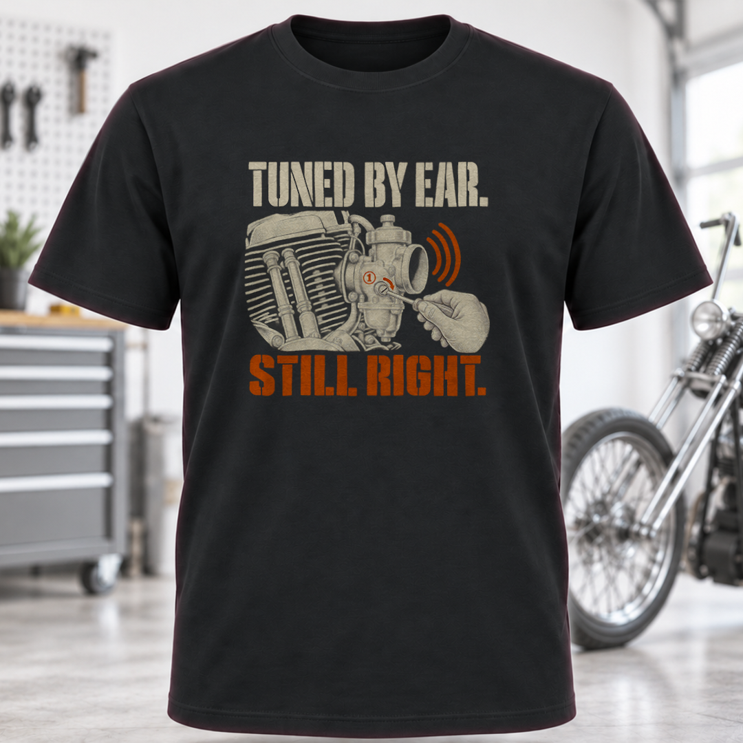 T-Shirt — Tuned By Ear Still Right Motorcycle Mechanic Tee