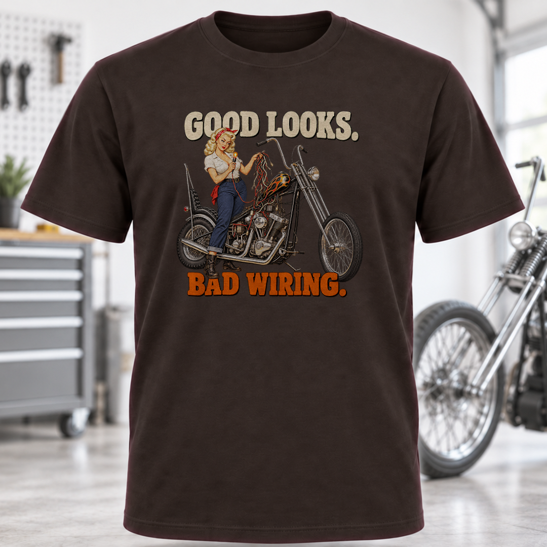 Biker Pin-Up T-Shirt – “Good Looks, Bad Wiring”