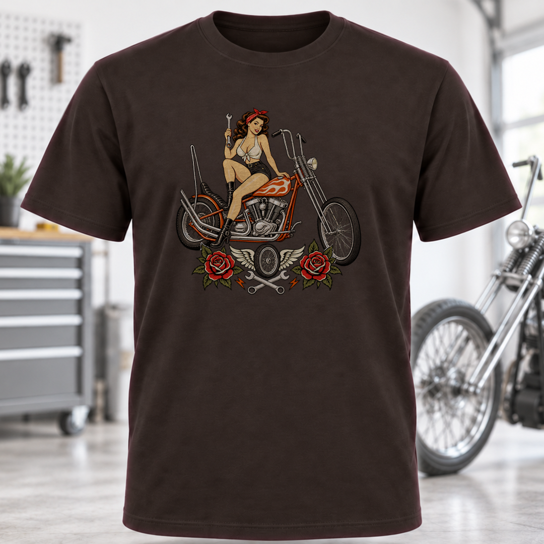 Vintage Pin-Up Biker T-Shirt - Chopper and Roses