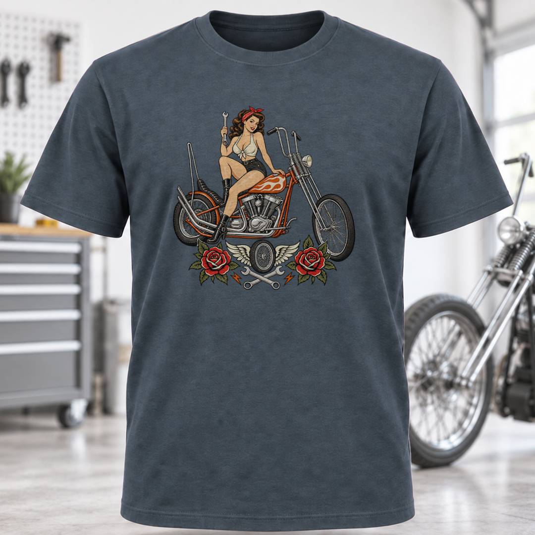 Vintage Pin-Up Biker T-Shirt - Chopper and Roses