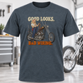 Biker Pin-Up T-Shirt – “Good Looks, Bad Wiring”
