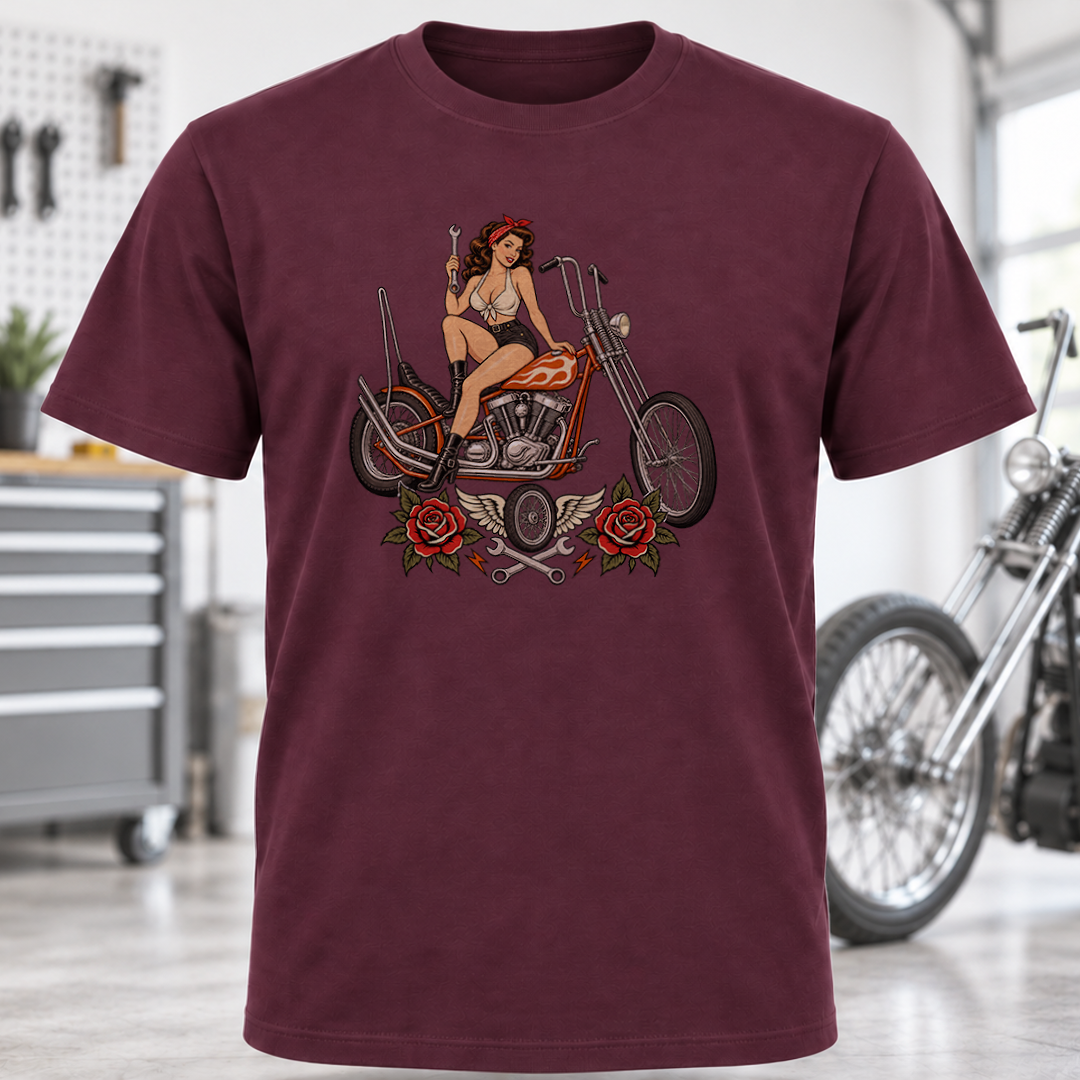 Vintage Pin-Up Biker T-Shirt - Chopper and Roses