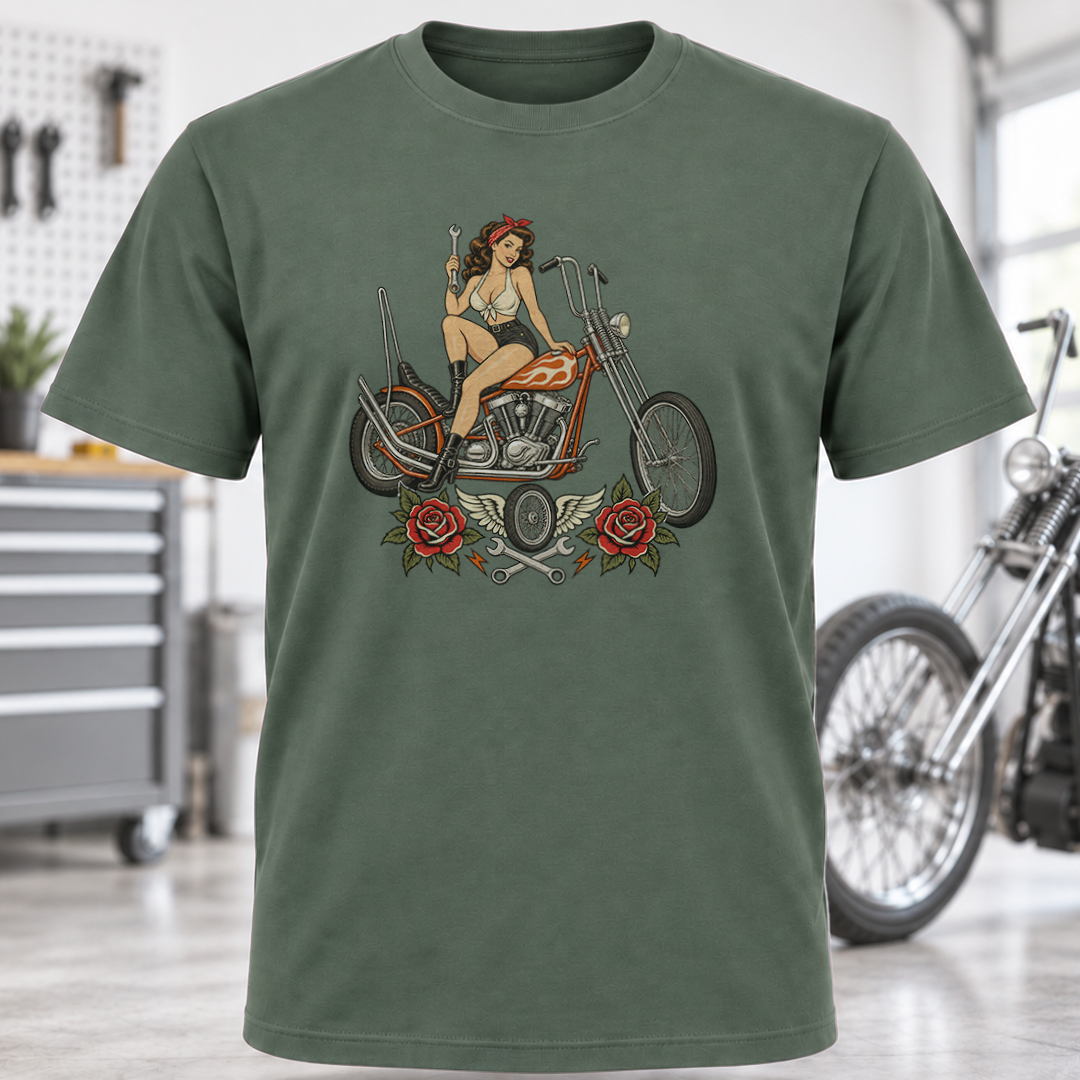 Vintage Pin-Up Biker T-Shirt - Chopper and Roses