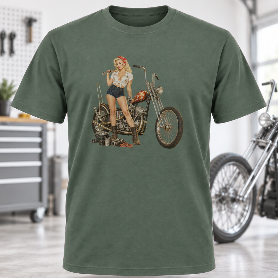 Vintage Pin-Up Biker Motorcycle T-Shirt