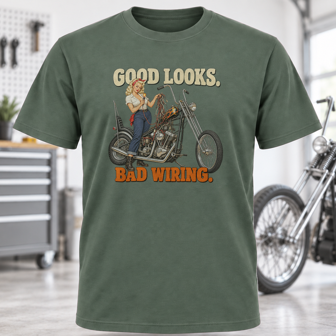 Biker Pin-Up T-Shirt – “Good Looks, Bad Wiring”