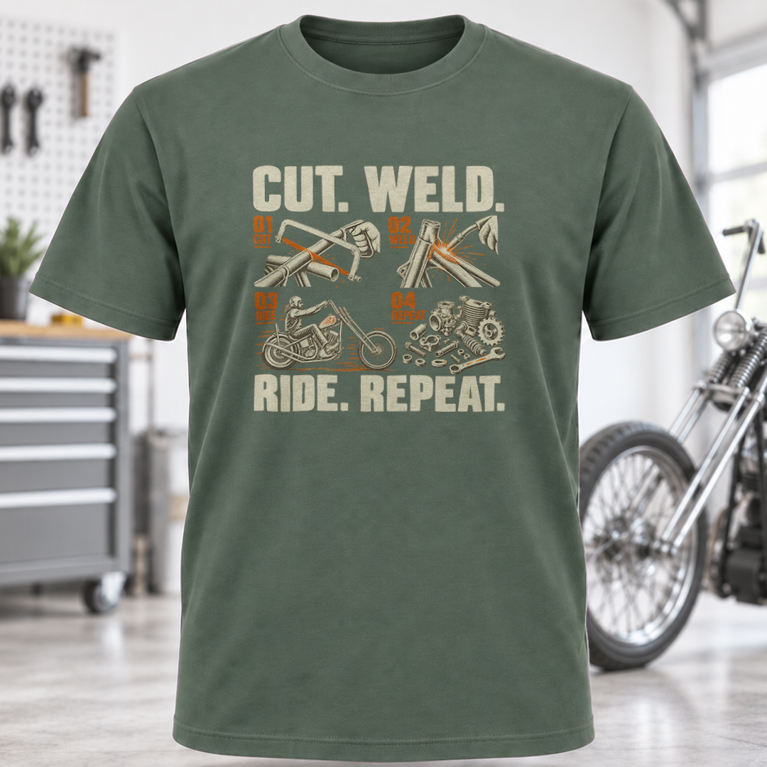 Cut. Weld. Ride. Repeat. Motorcycle Builder T-Shirt